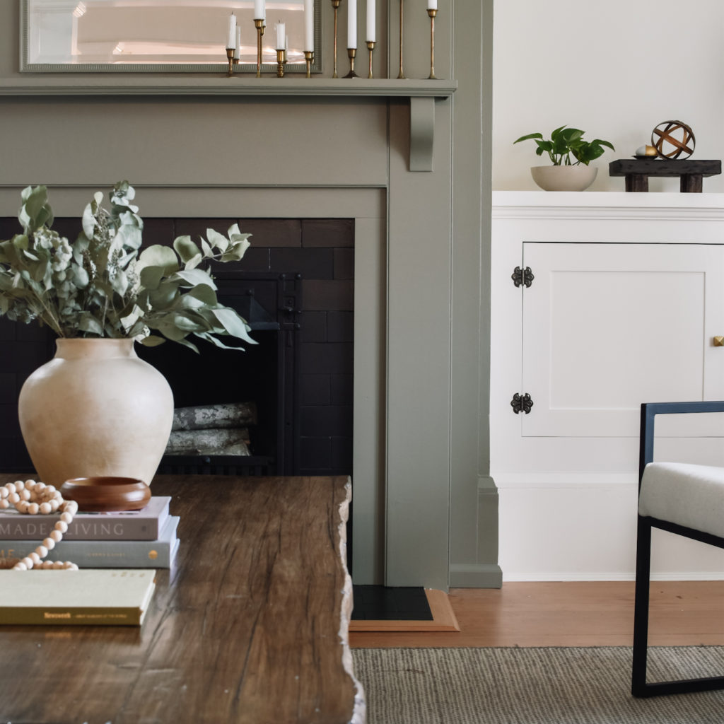 Painted fireplace, DIY coffee table, armchairs, DIY vase