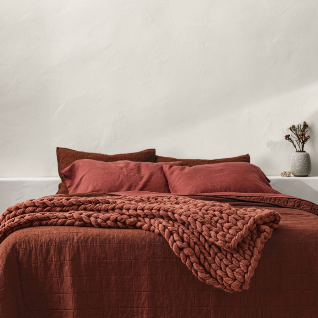 clay bedding, cinnamon bedding, red duvet cover, clay coverlet, chunky knit blanket, knit throw blanket