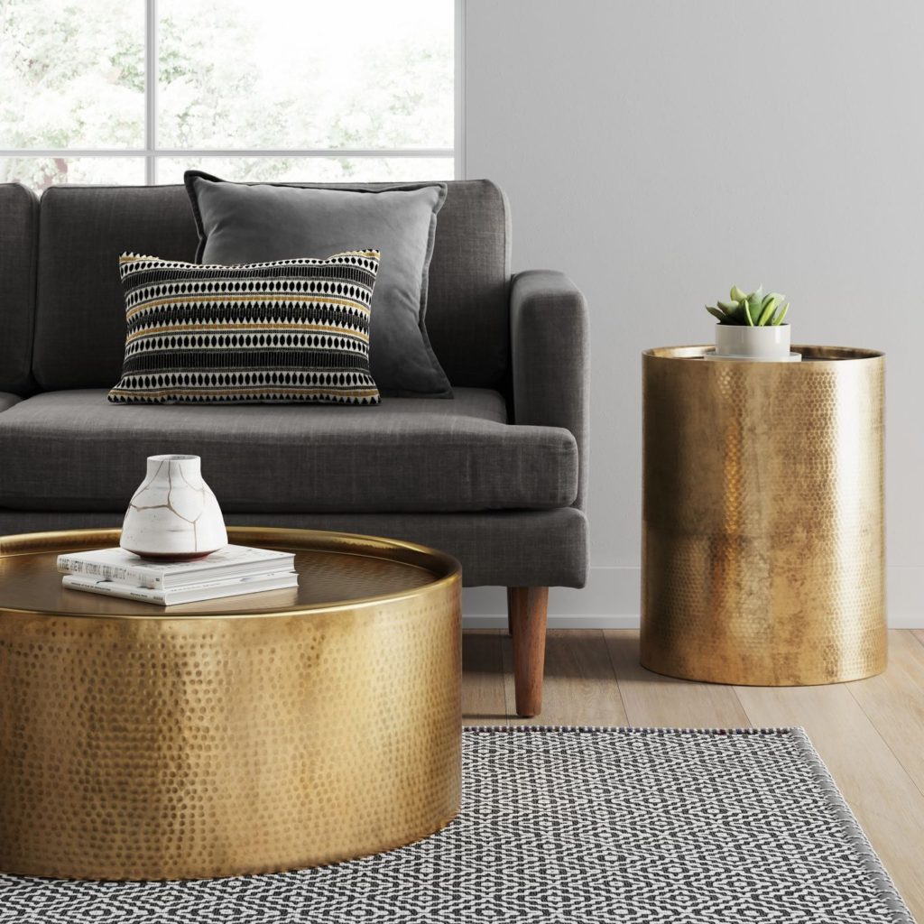 hammered gold drum coffee table, drum side table 