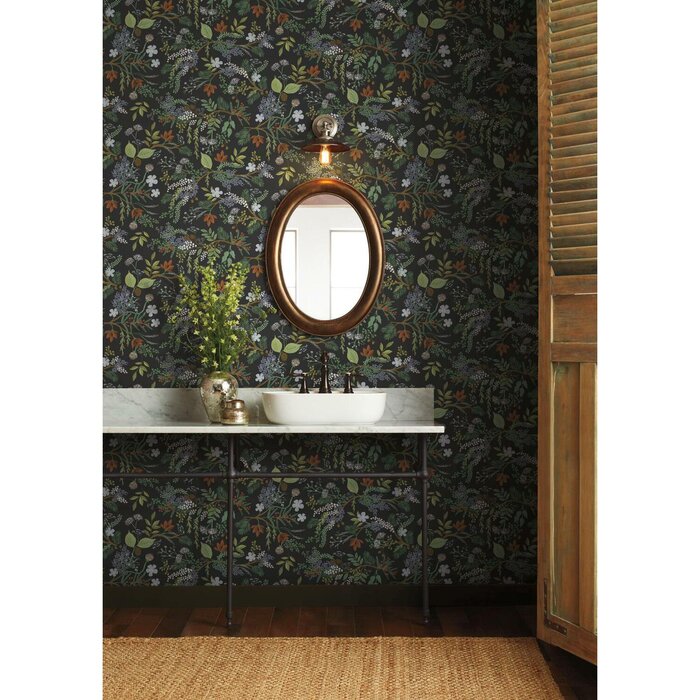 gold sconces, gold mirror, blue wallpaper, floral wallpaper, powder bathroom, marble bathroom, vessel sink, bathroom trends