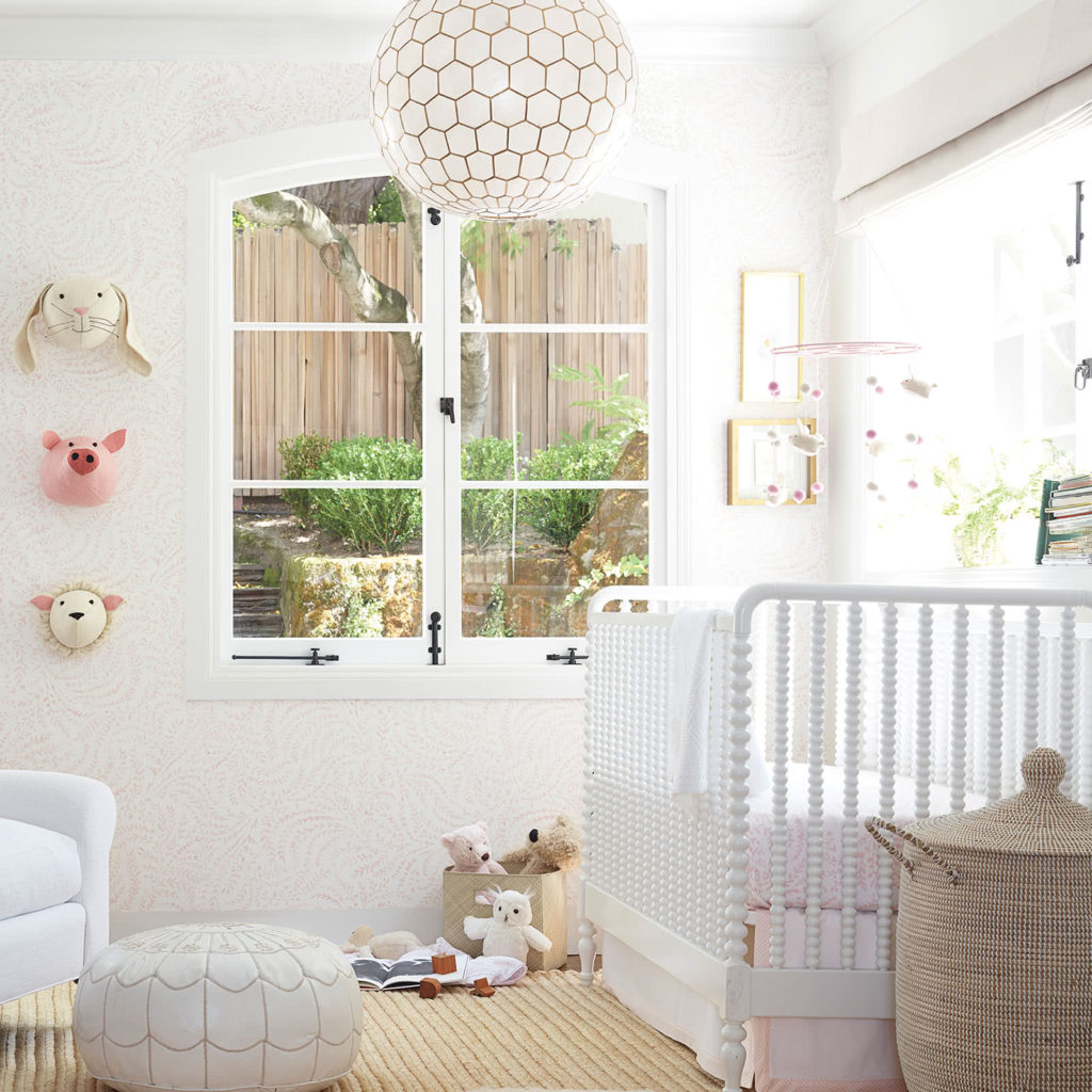 girls nursery, pink wallpaper, Jenny Lind crib, neutral nursery, pine nursery, nursery trends, 2021 baby nursery, design trends 2021