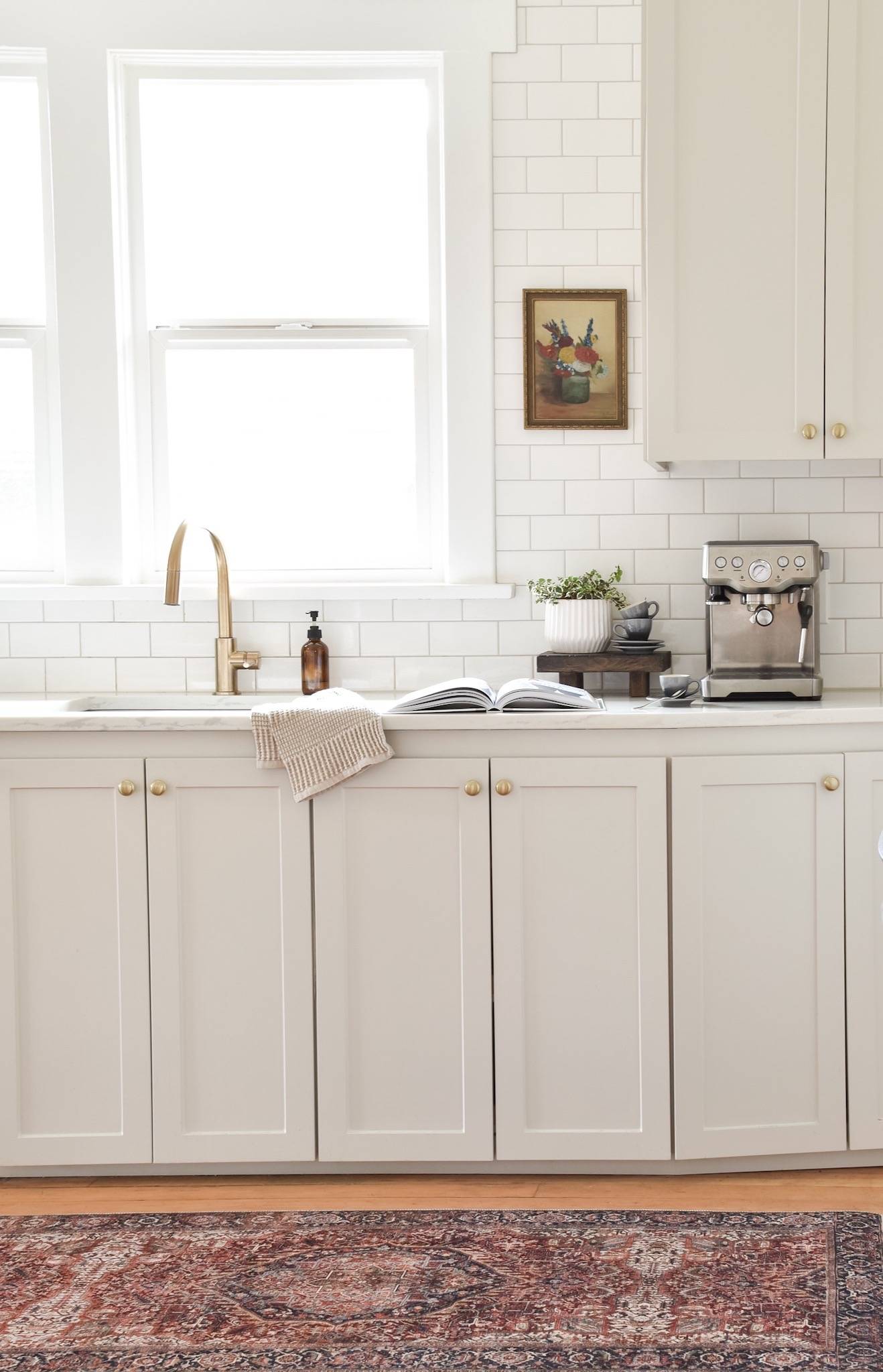 timeless kitchen achieved with DIY painted cabinetry. Cabinets are painted Benjamin Moore Revere Pewter