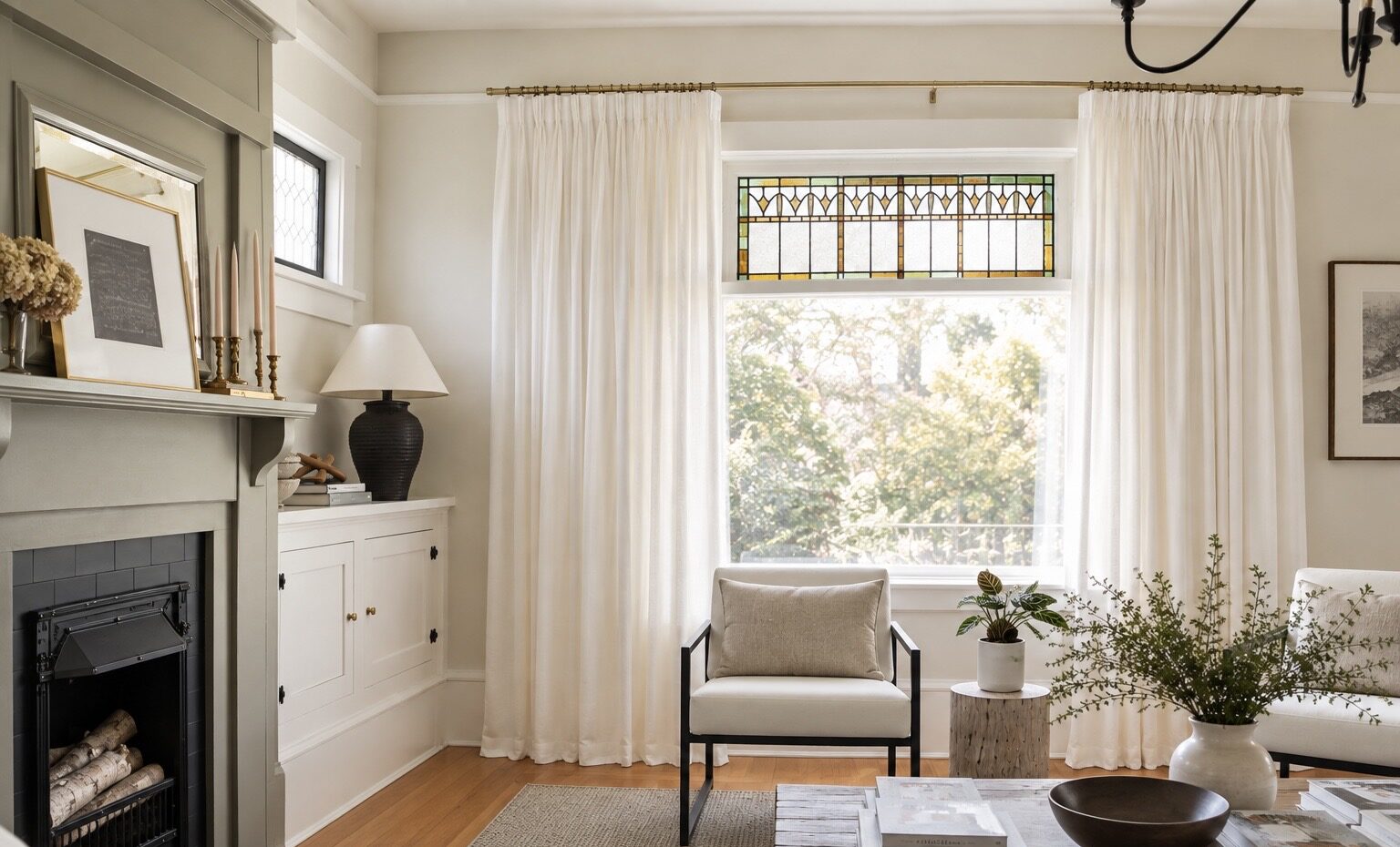 Finished DIY custom-look curtains in a bright neutral living room