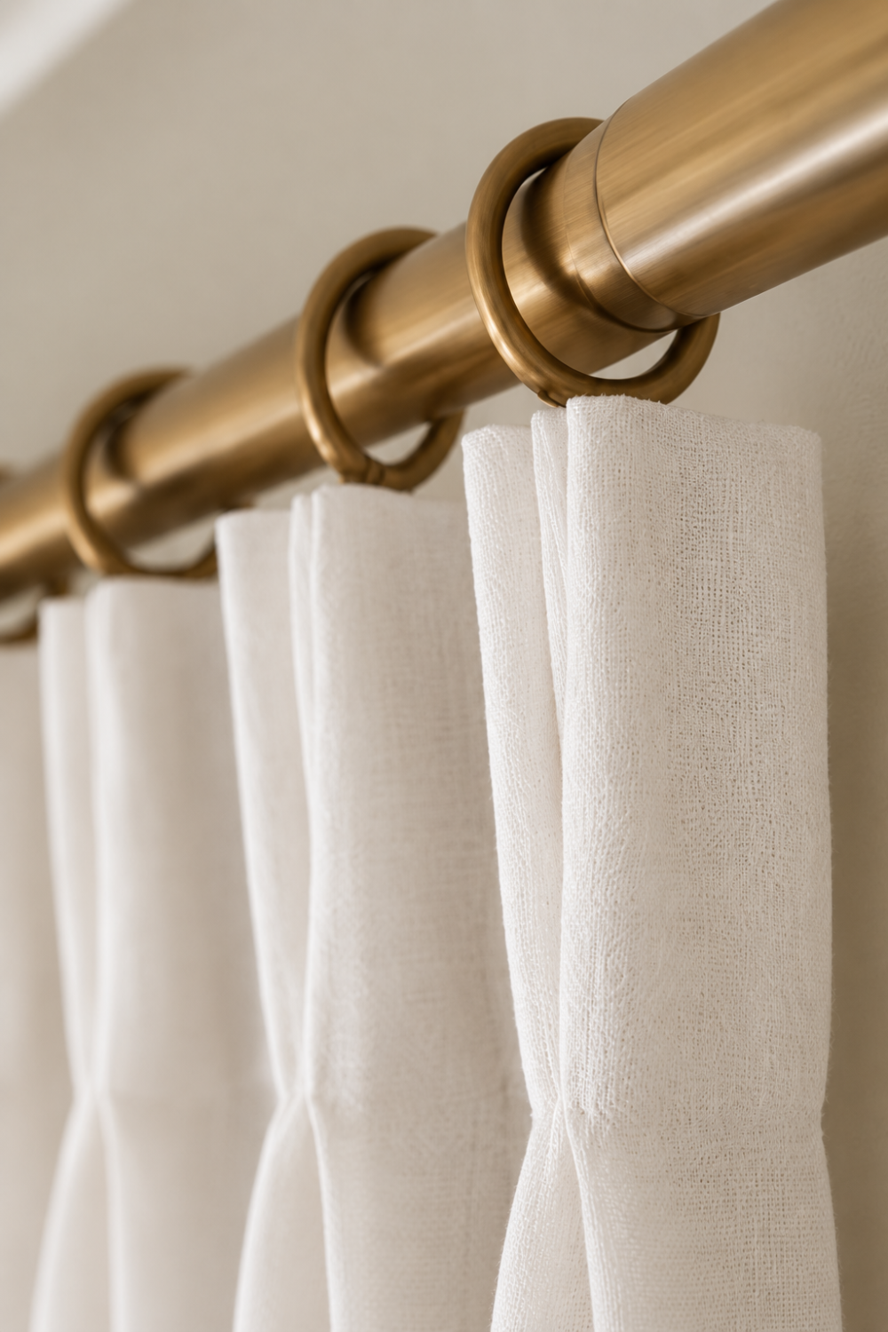 curtain rings in brass and pleated white curtains