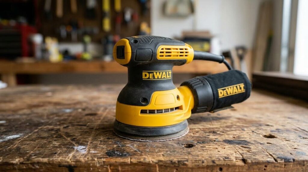 DEWALT random orbital sander for refinishing a wood door