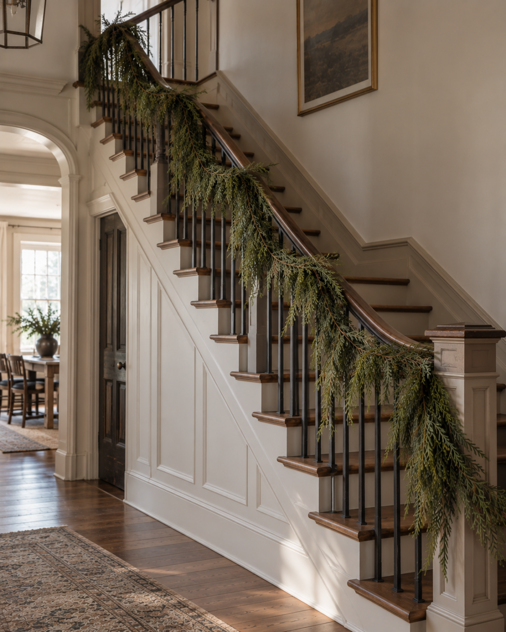 Realistic Christmas garland draped along a warm wood staircase railing