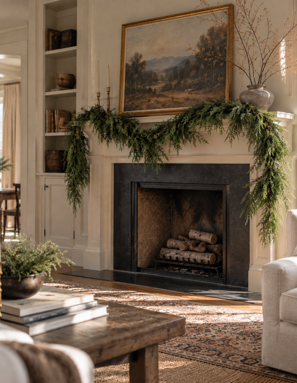 Realistic Christmas garland styled across a warm neutral fireplace mantel
